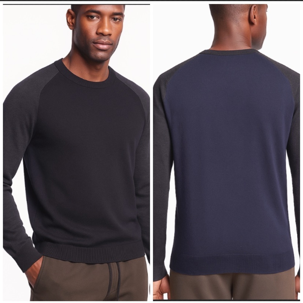 Lanvin Cashmere Silk Wool Blend Colorblock Sweater Black Navy Gray Crewneck Luxe